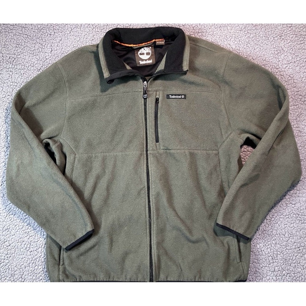 Timberland Mens XL Full Zip Fleece Jacket Olive Green Mock Neck Pocket
